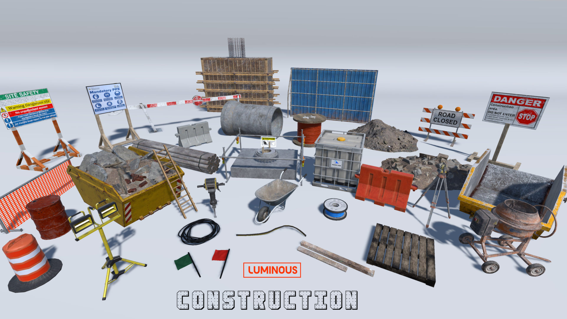 luminous virtual reality 3d assets for a construction environment