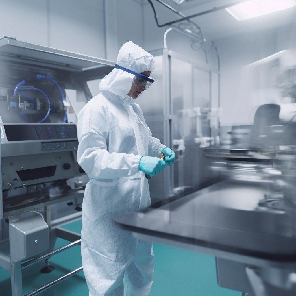 Person wearing PPE at a manufacturing table.