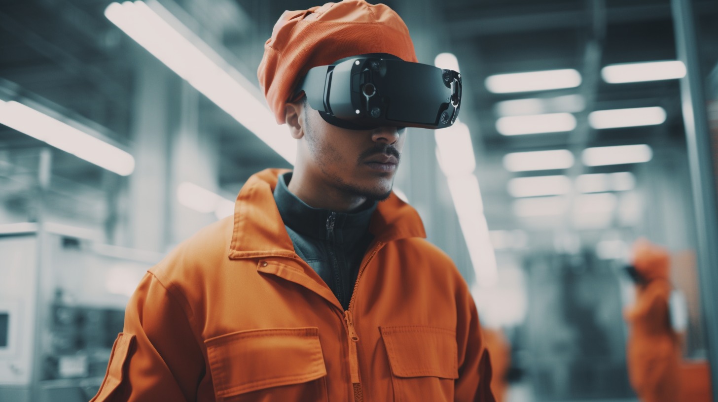 Man in orange overalls wearing a VR headset.