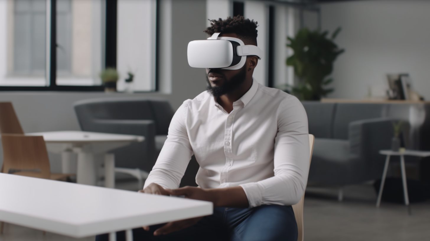 guy sitting at table wearing vr headset