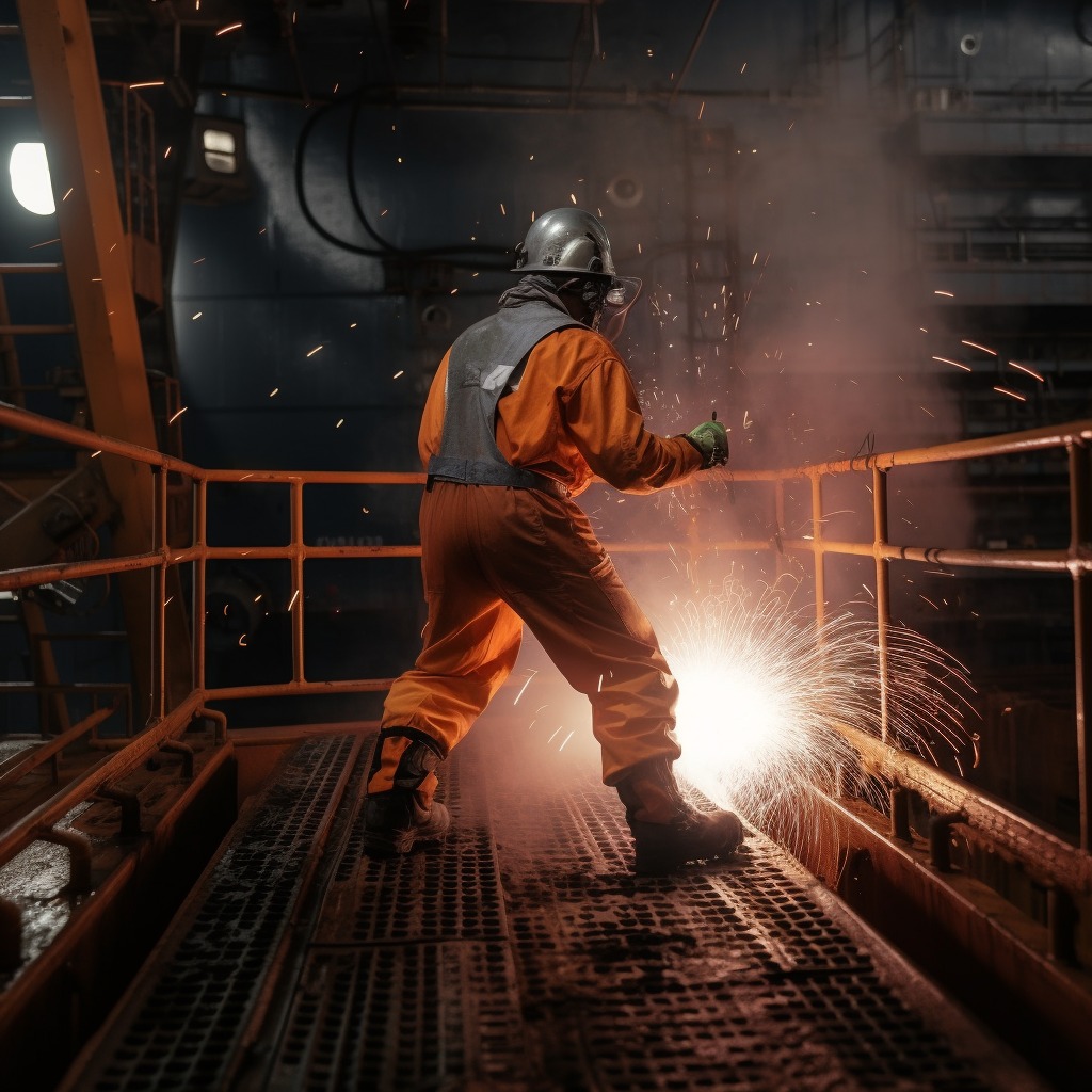 Man working in the energy sector with sparks flying by his feet.