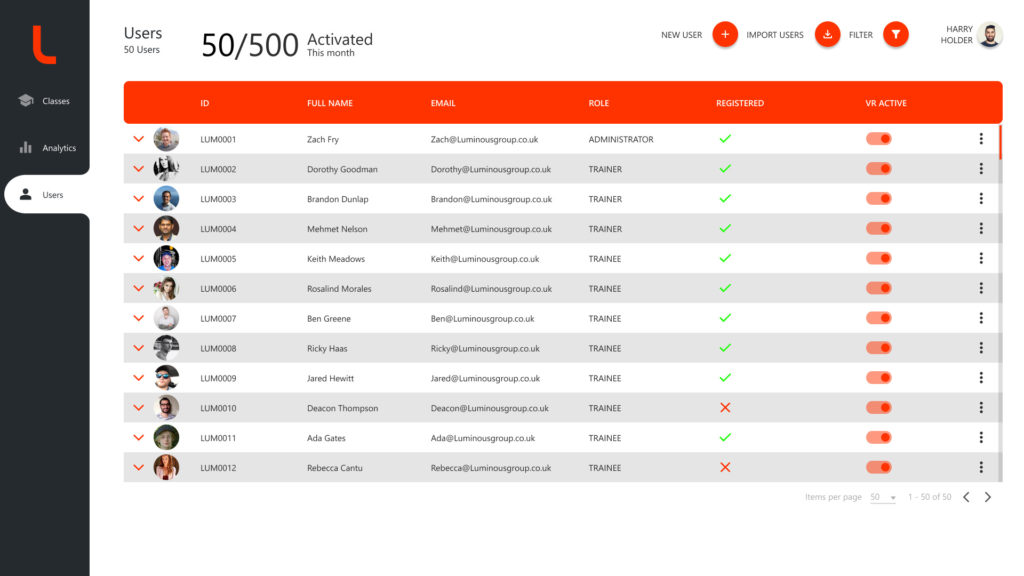 a list of users in the luminous learning management platform portal