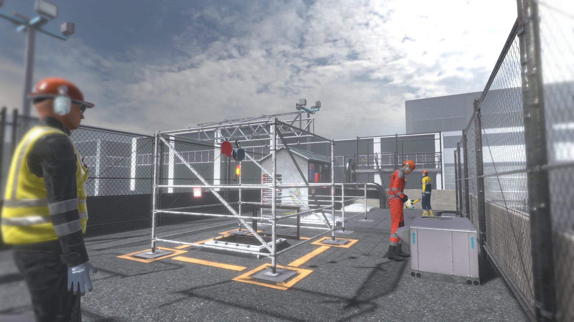 virtual reality environment showcasing virtual employees working at heights